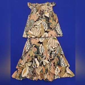 Reitmans-Leaf Print Blouse &Skirt Coord.Set, in Tropical Tones SzTop:XS Skirt: 2